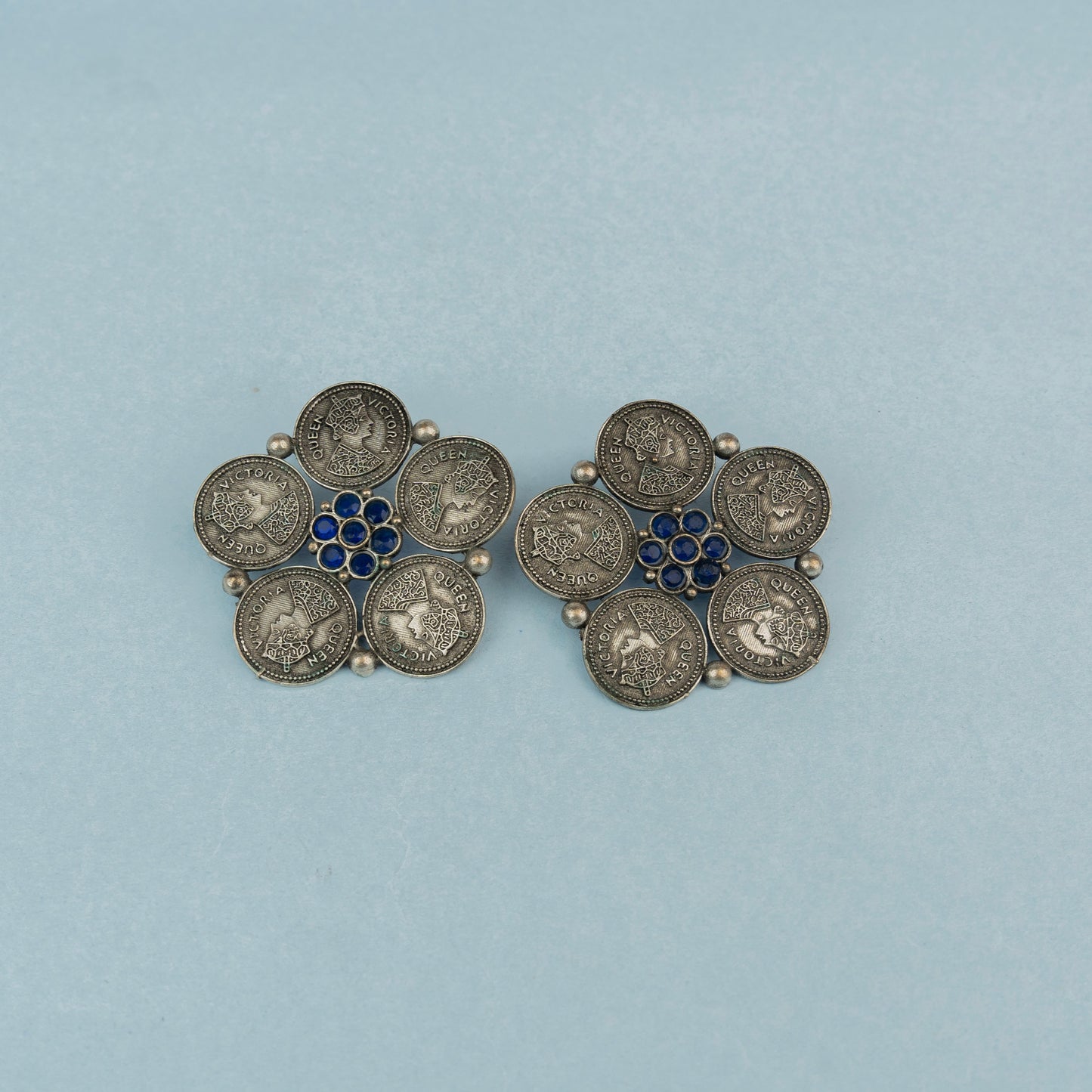 MudraPushp- Silver Brass Oxidised Stud Earrings(Blue)