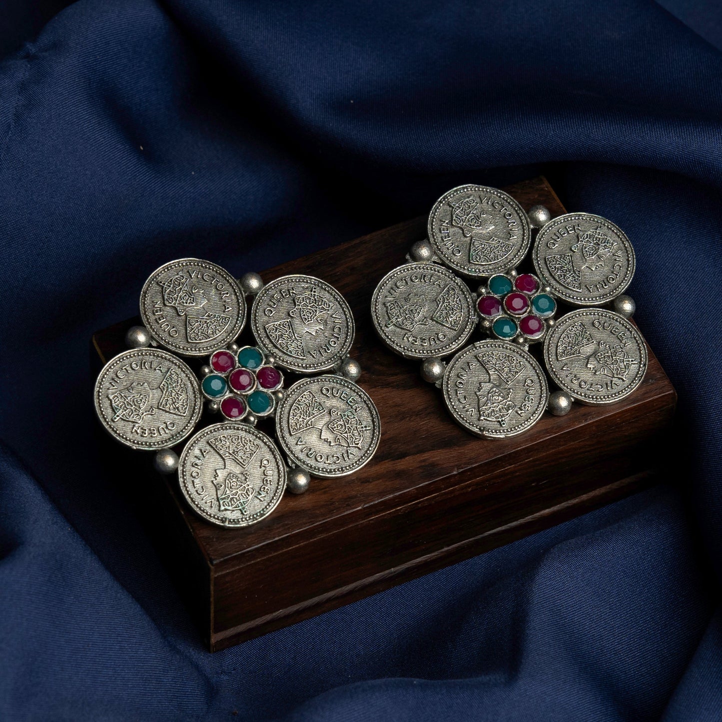 MudraPushp- Silver Brass Oxidised Stud Earrings(Multicolored)