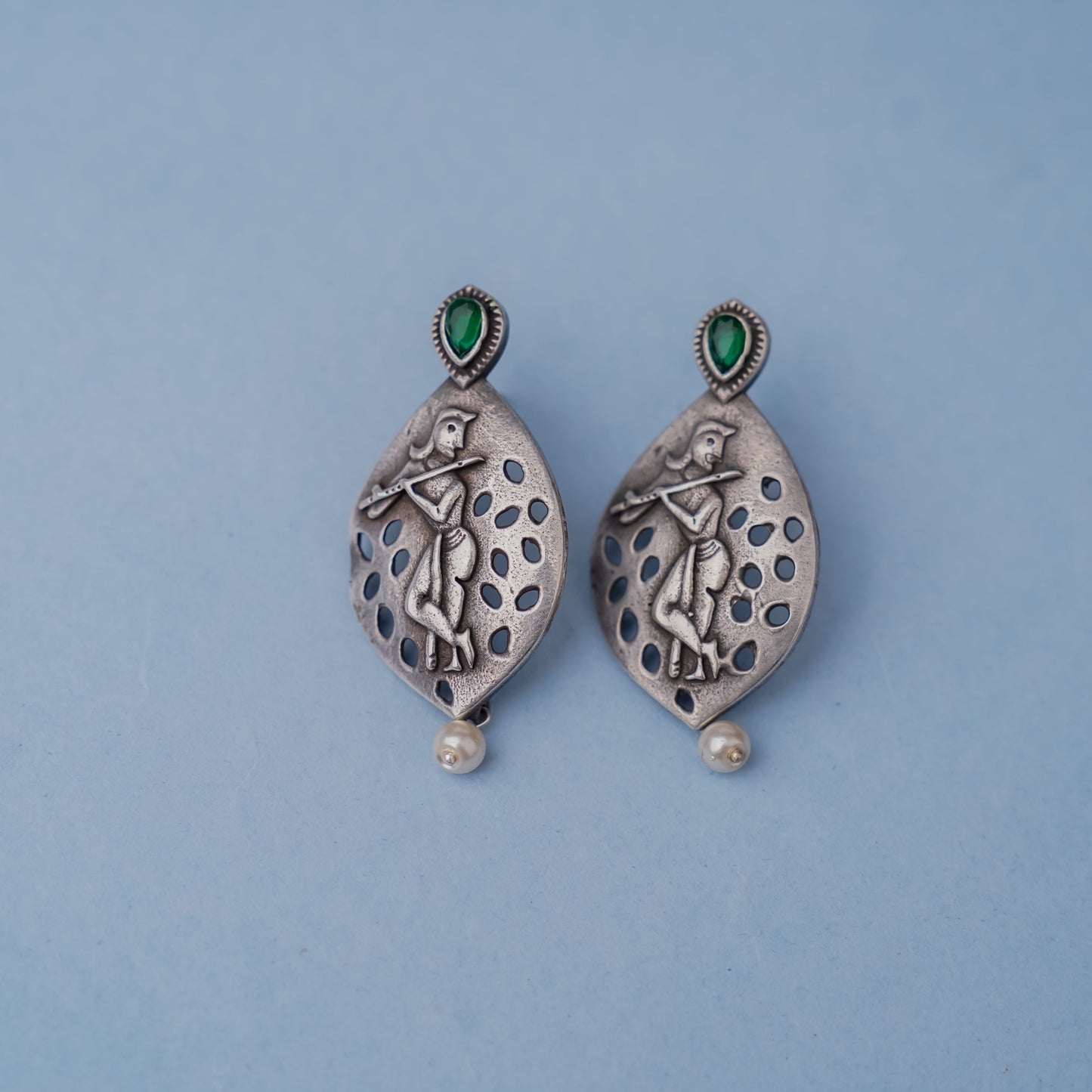 Kanha- Silver Brass Pearl Stud Earrings(Green)