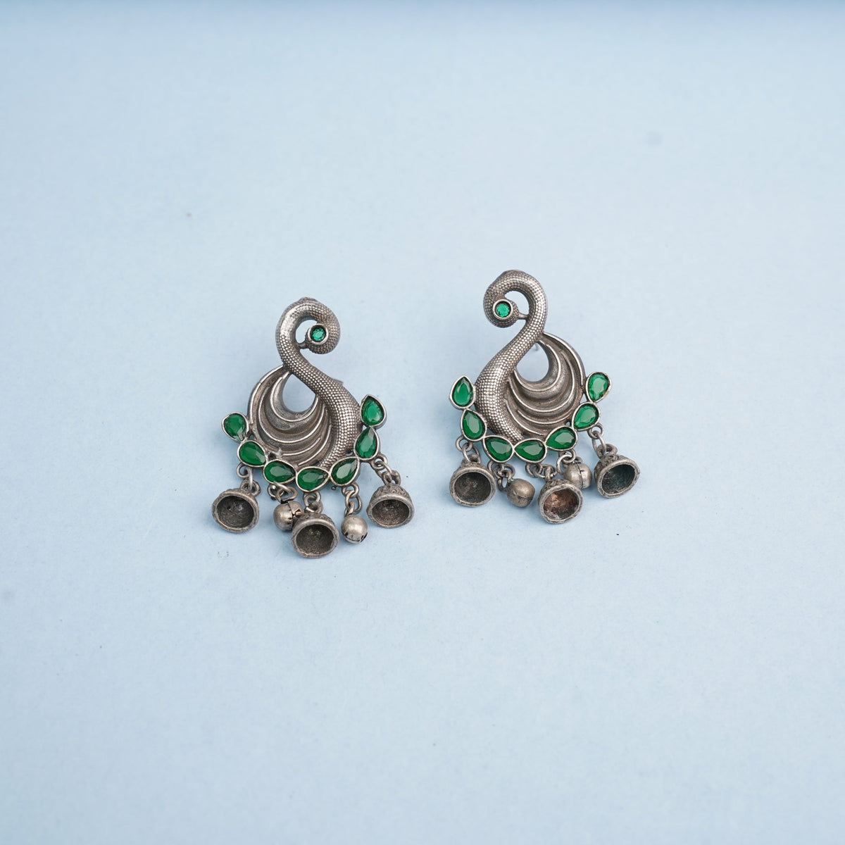 Hansika- Silver Brass ghunghroo dangler earrings(Green)