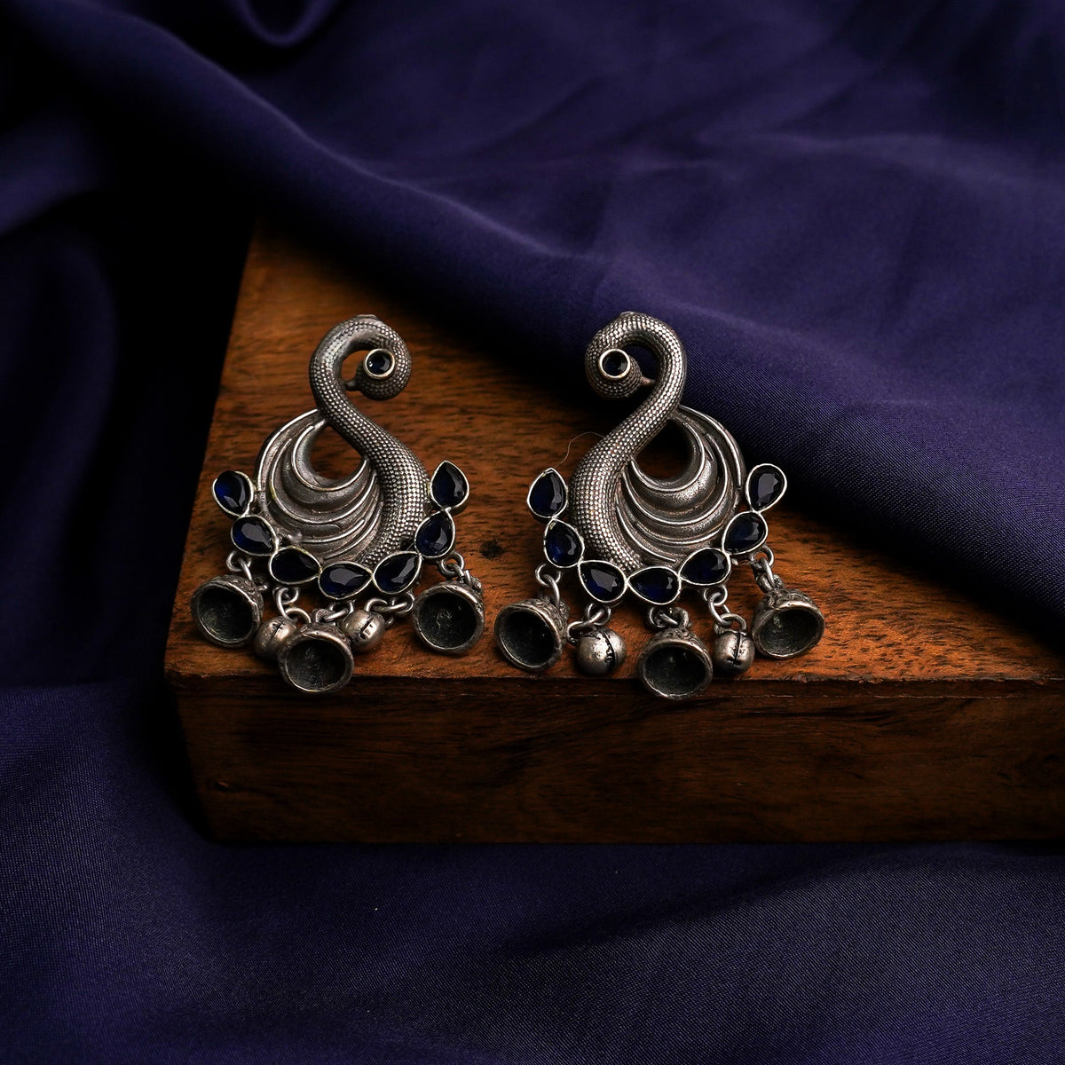 Hansika- Silver Brass ghunghroo dangler earrings(Blue)