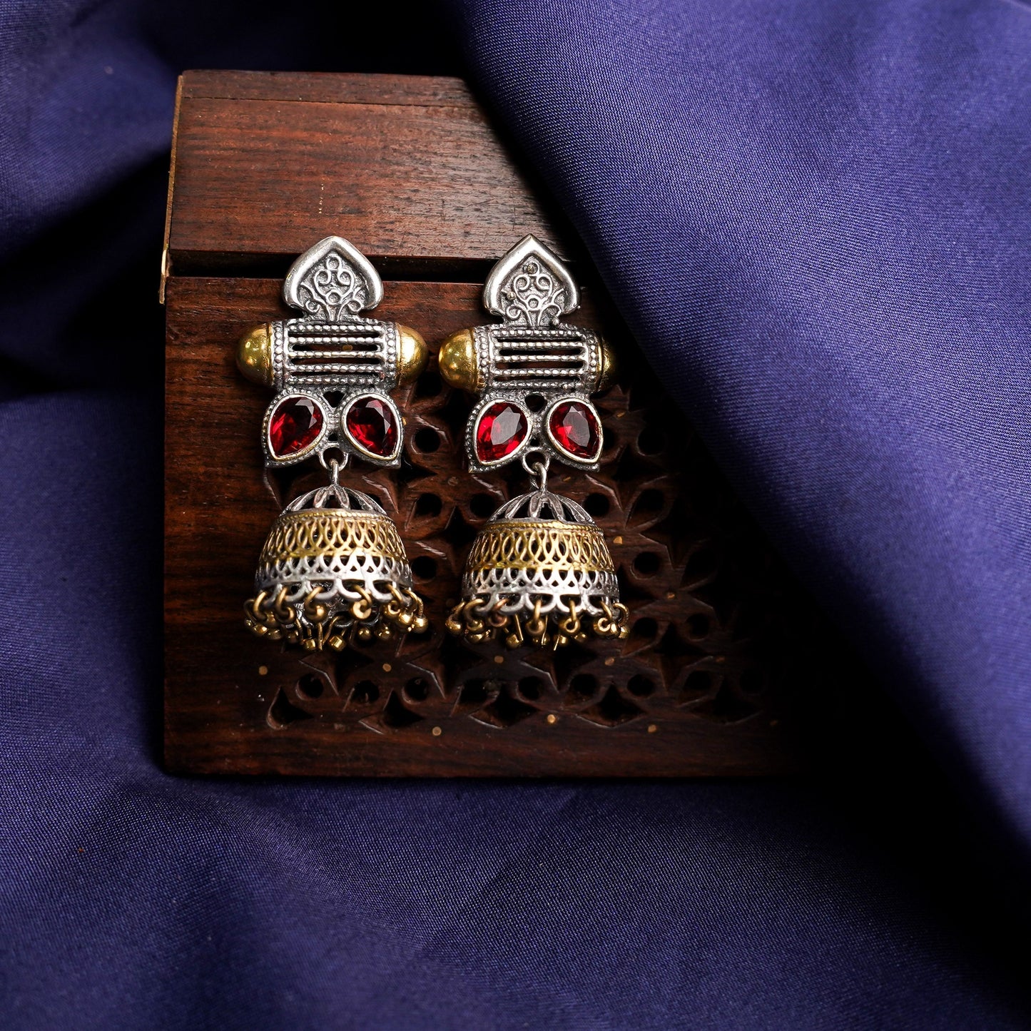Rupali – Oxidised Silver Brass Stone-Studded Jhumka Earrings (Red)