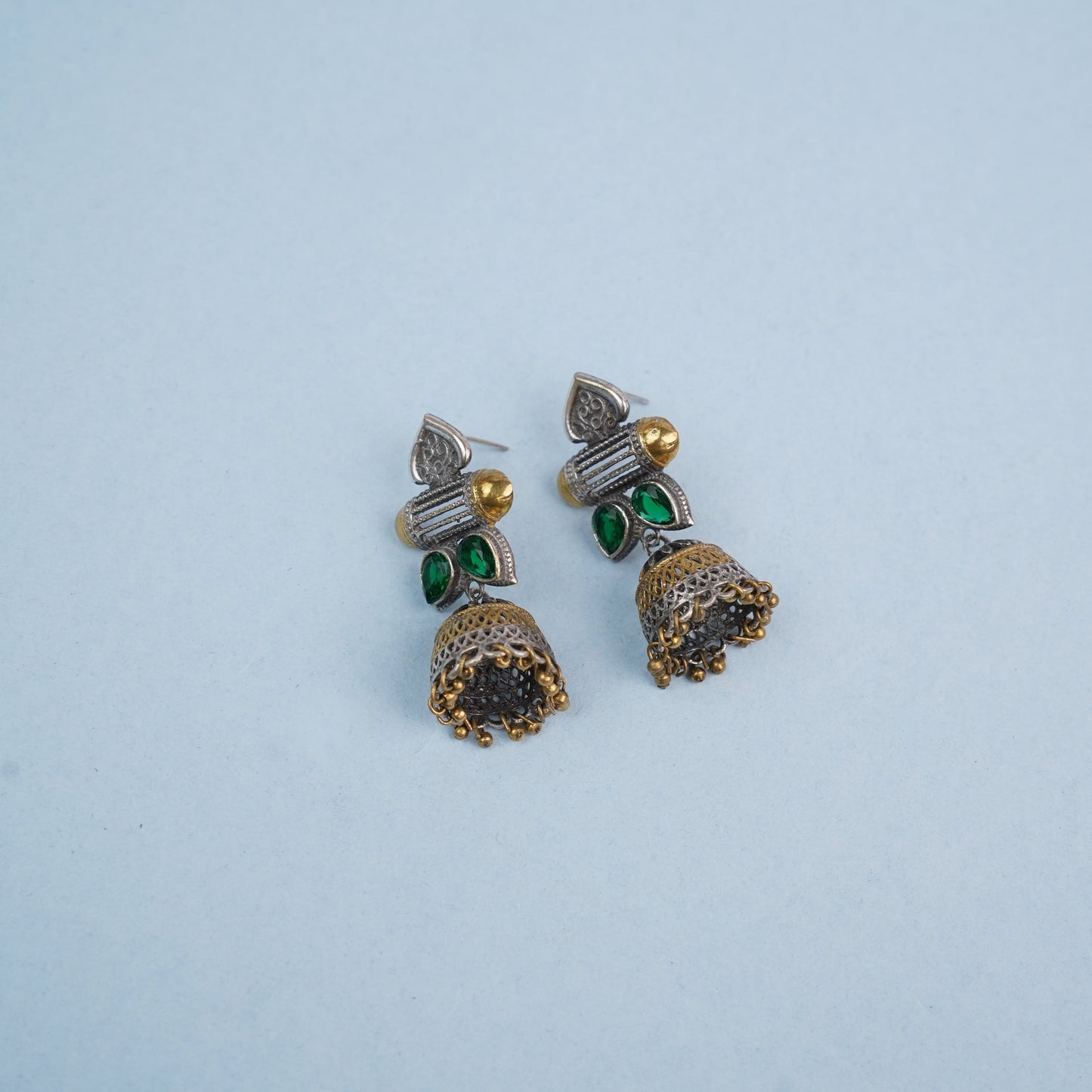 Rupali – Oxidised Silver Brass Stone-Studded Jhumka Earrings (Green)
