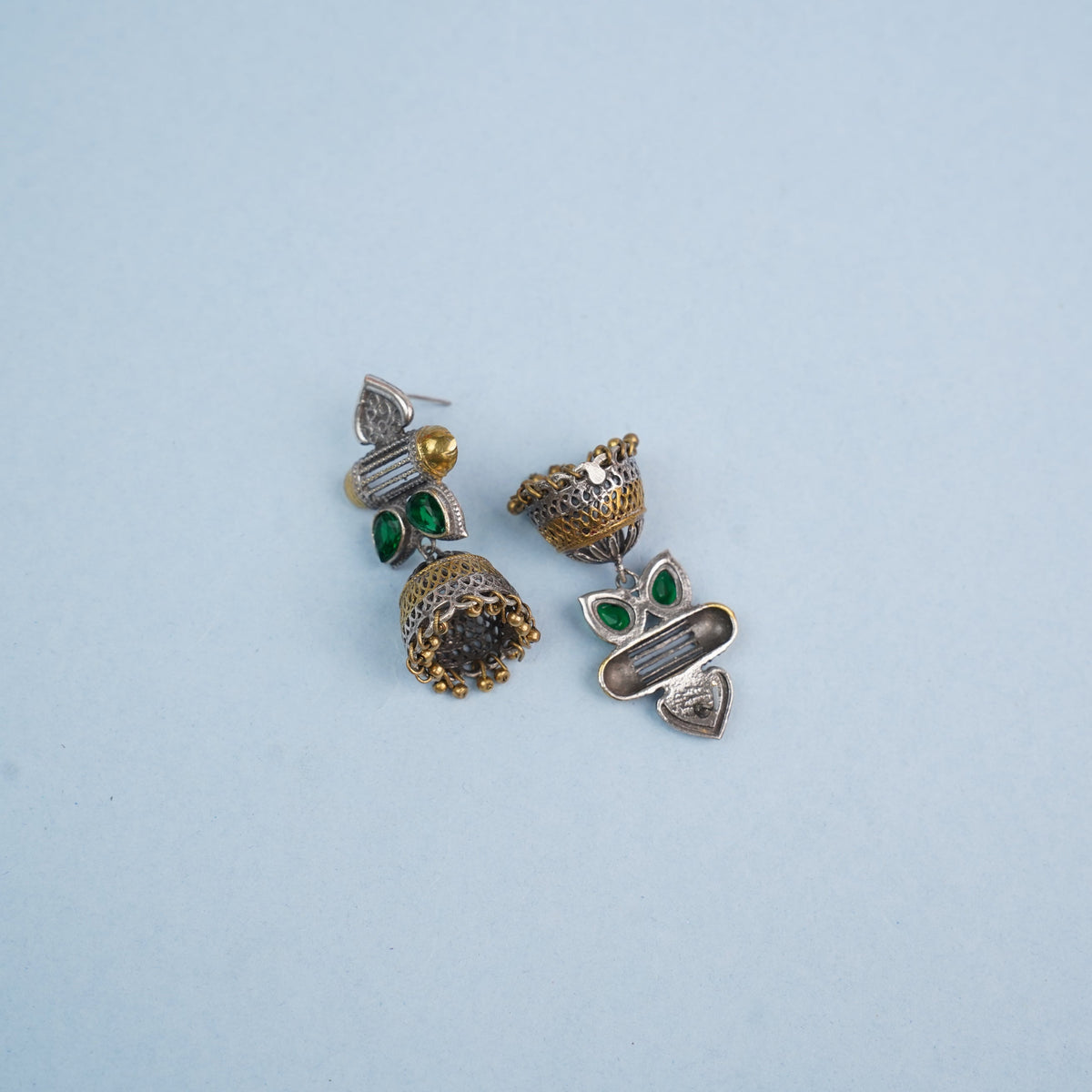 Rupali – Oxidised Silver Brass Stone-Studded Jhumka Earrings (Green)