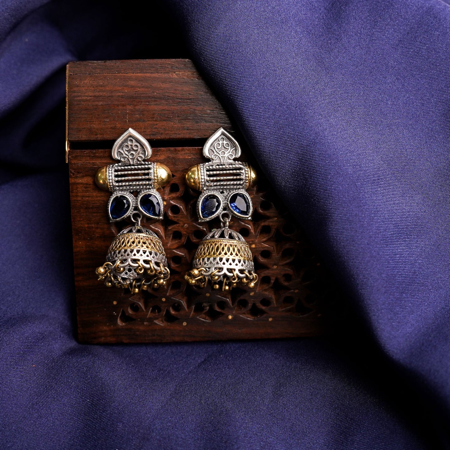 Rupali – Oxidised Silver Brass Stone-Studded Jhumka Earrings(Blue)