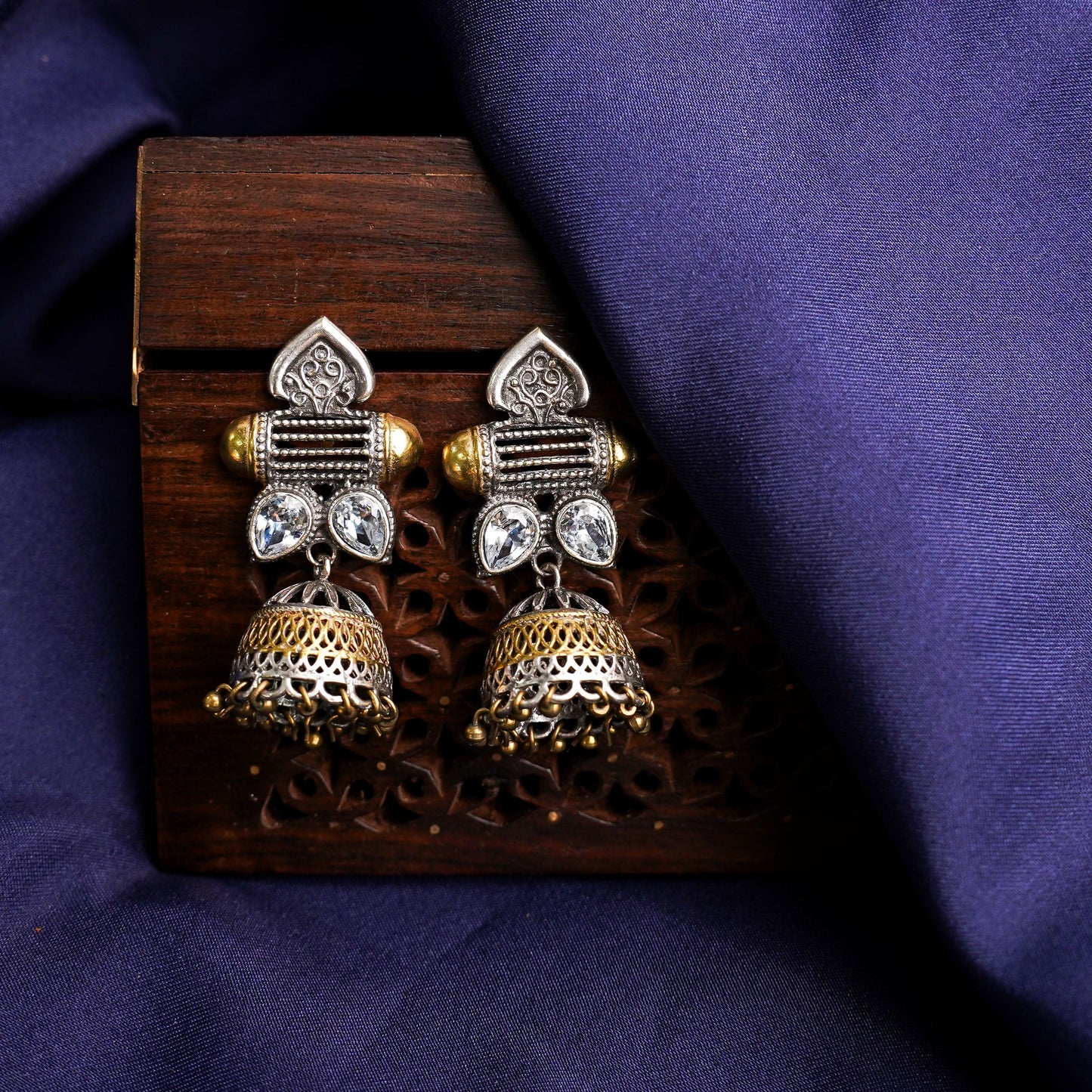 Rupali- Silver Brass Stone studdes Oxidised Jhumka Earrings(White)