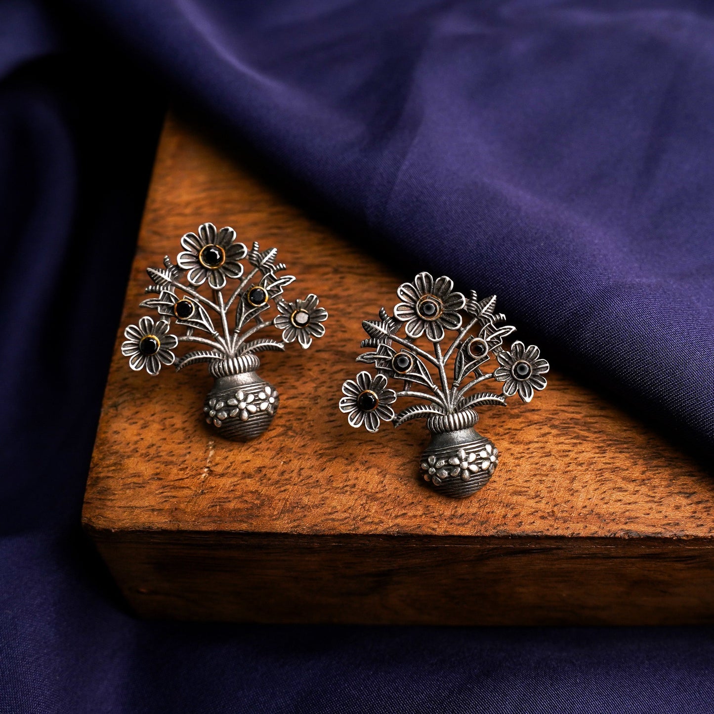 Phool- Silver Brass Oxidised stud earrings