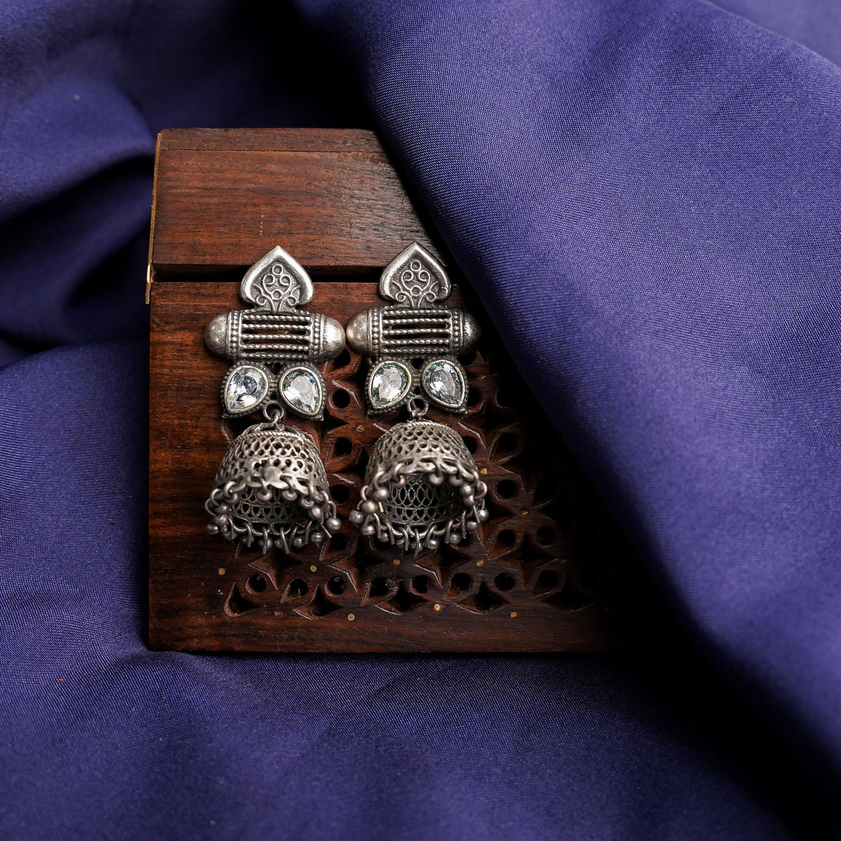 Taal- Silver Brass Oxidised Jhumka earrings(white)