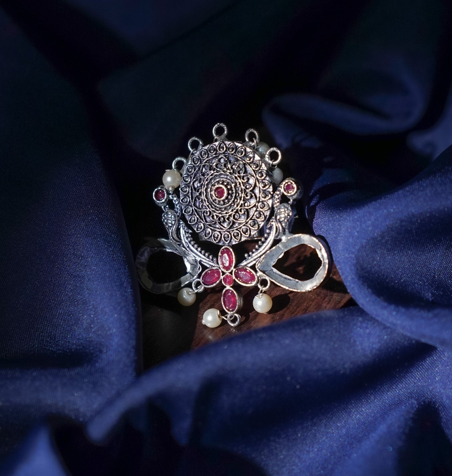 Anwita- Silver oxidised ring (Red)