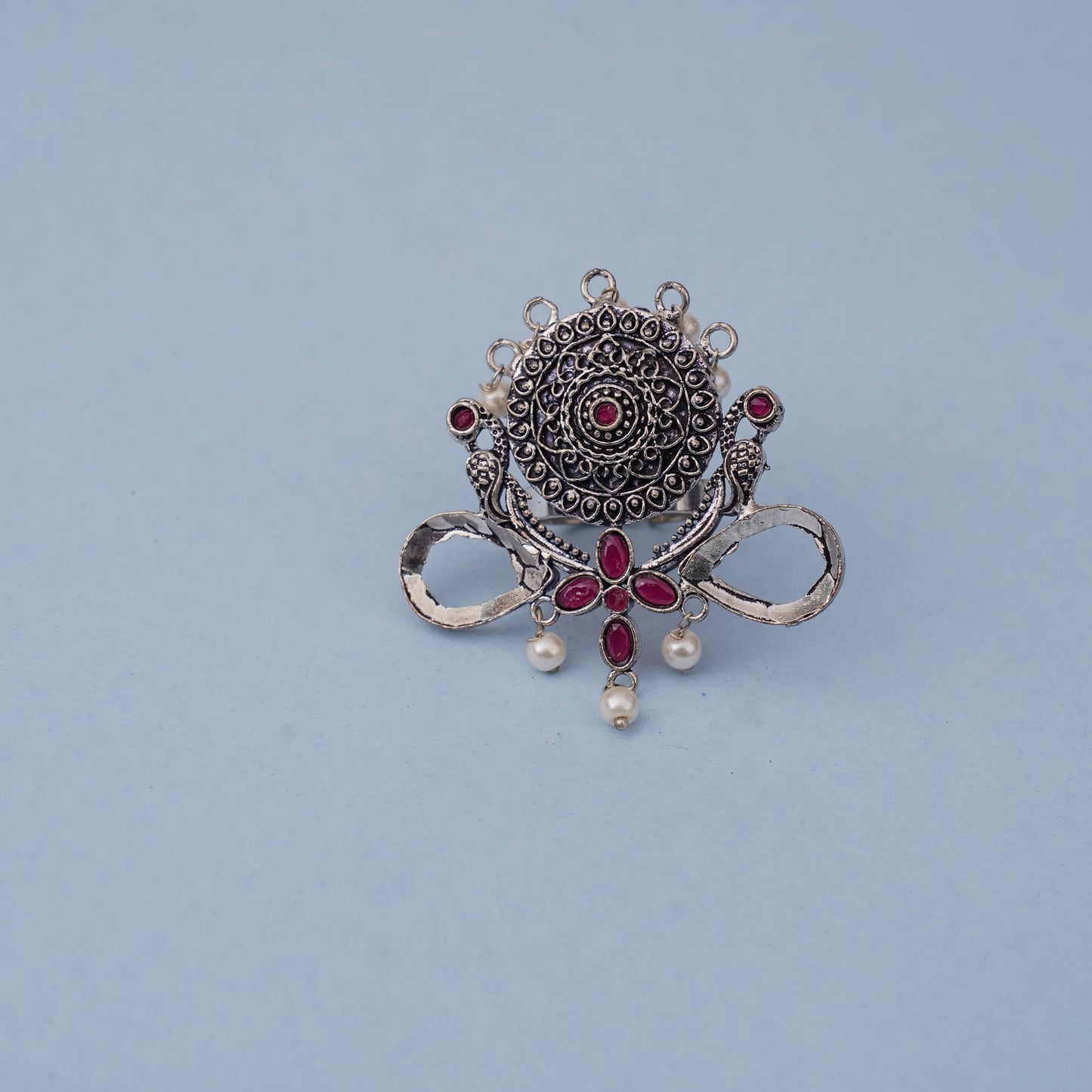 Anwita- Silver oxidised ring (Red)