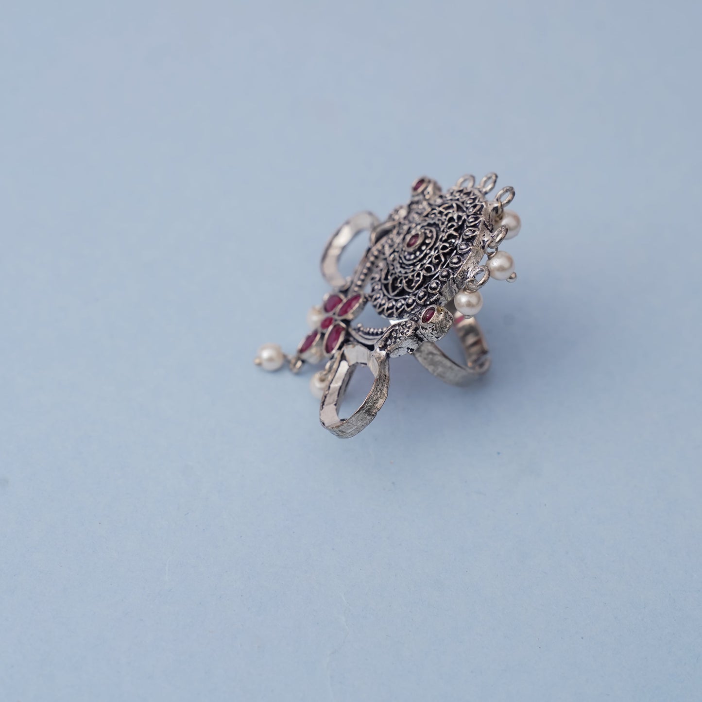 Anwita- Silver oxidised ring (Red)