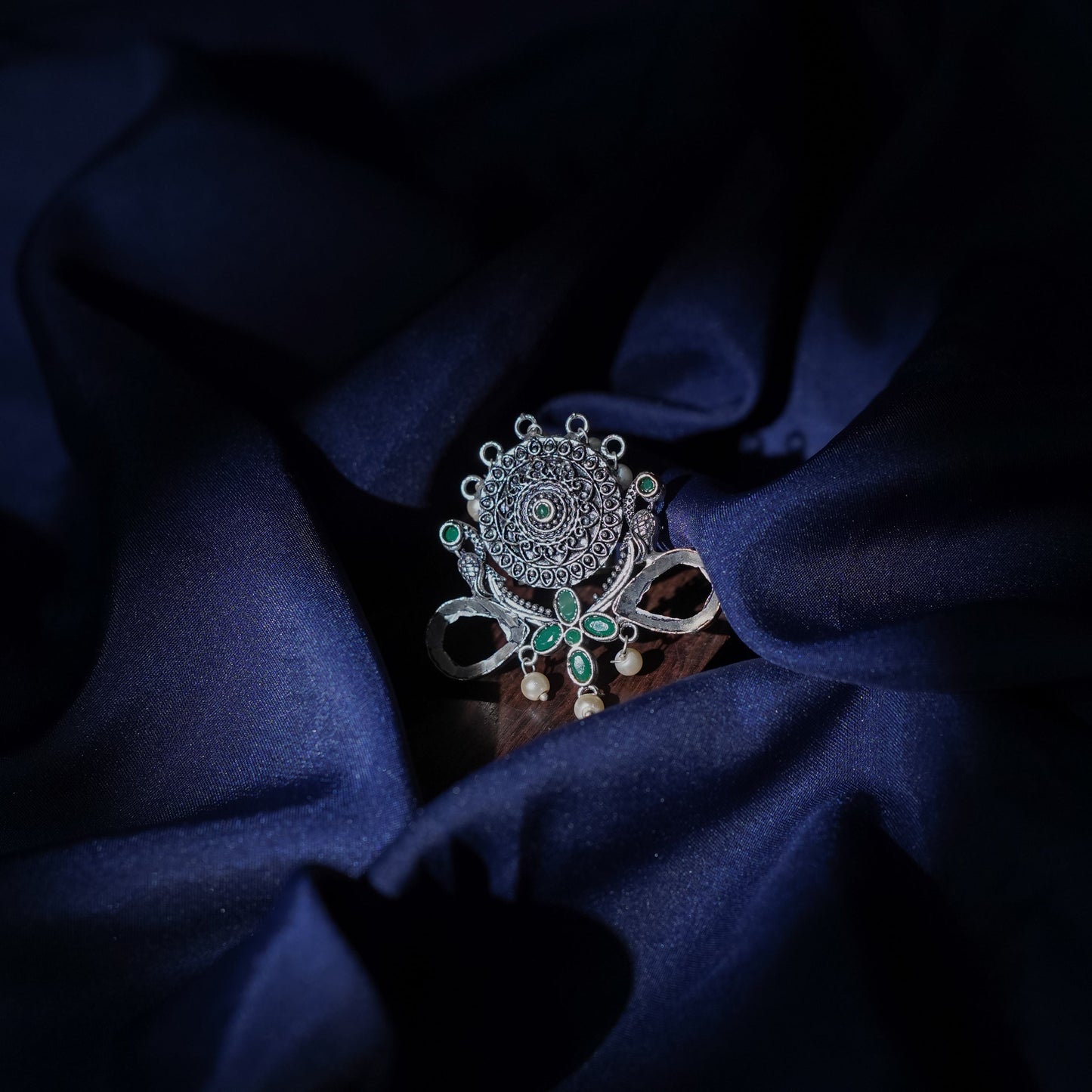 Anwita- Silver oxidised ring (Green)