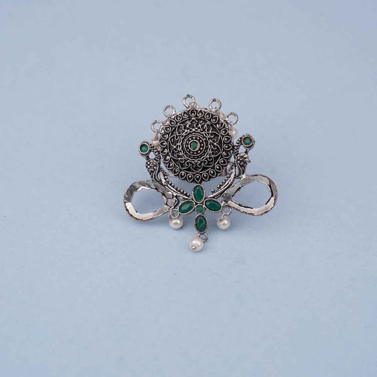 Anwita- Silver oxidised ring (Green)