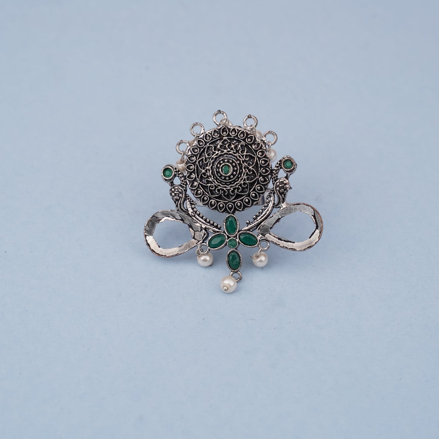 Anwita- Silver oxidised ring (Green)