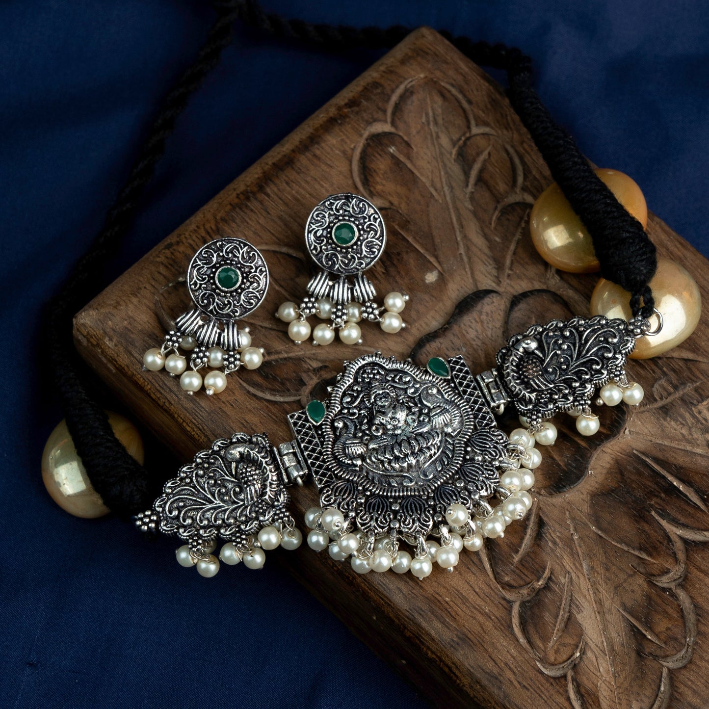 Padmalaya- Stone-Studded Laxmi Motif German Silver Neckpiece set(Green)
