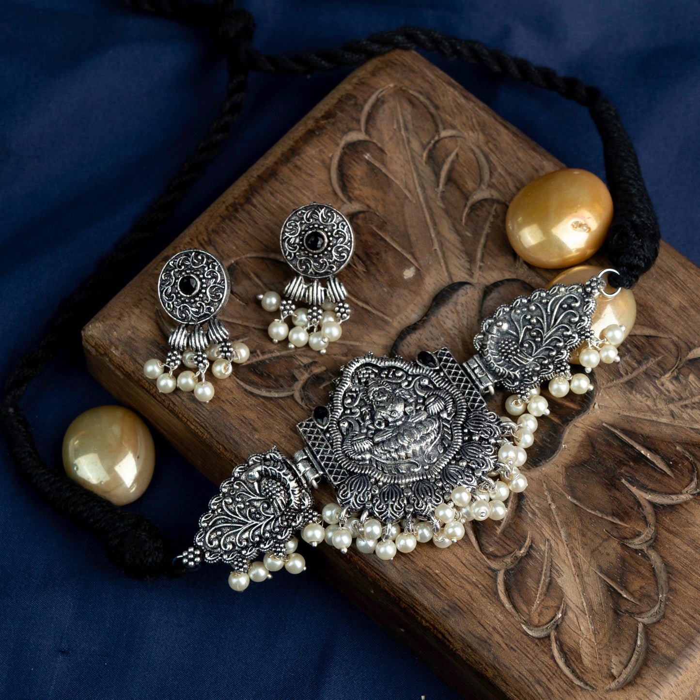 Padmalaya- Stone-Studded Laxmi Motif German Silver Neckpiece set(Black)