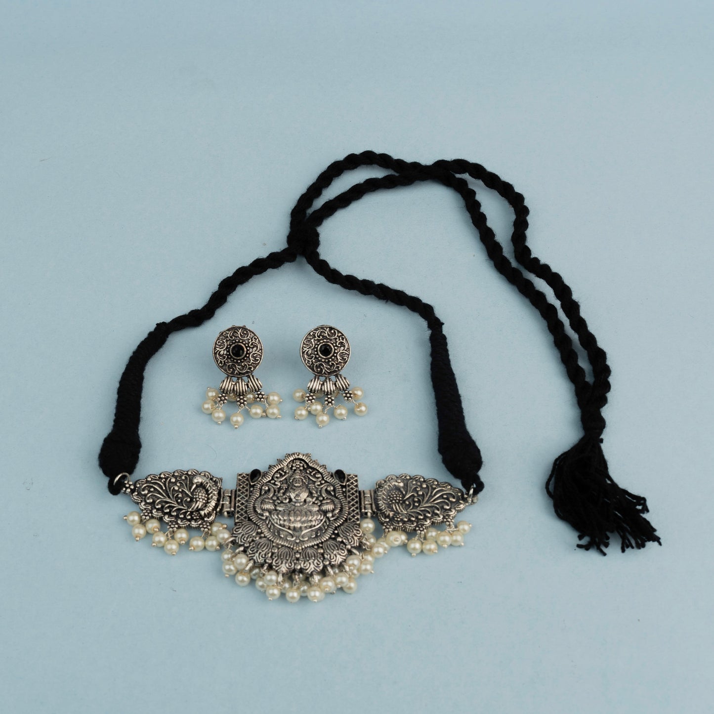 Padmalaya- Stone-Studded Laxmi Motif German Silver Neckpiece set(Black)