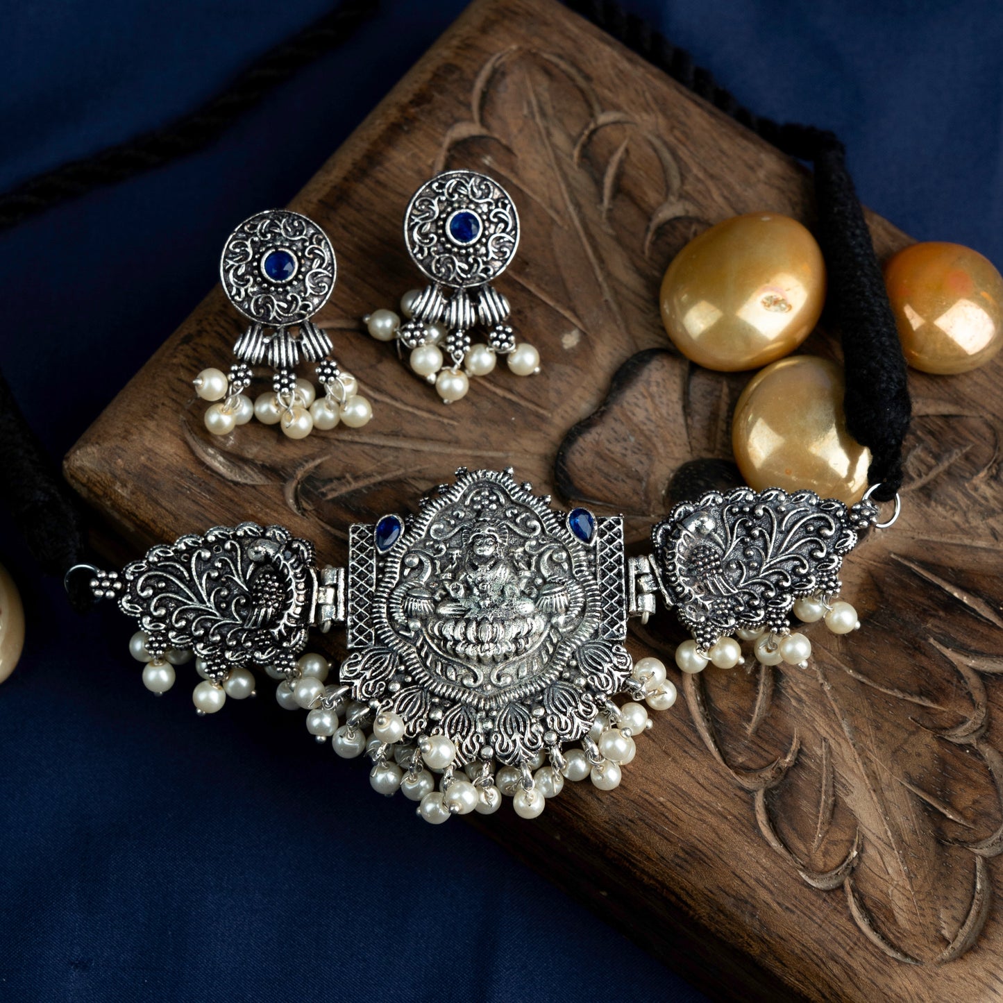 Padmalaya- Stone-Studded Laxmi Motif German Silver Neckpiece set(Blue)