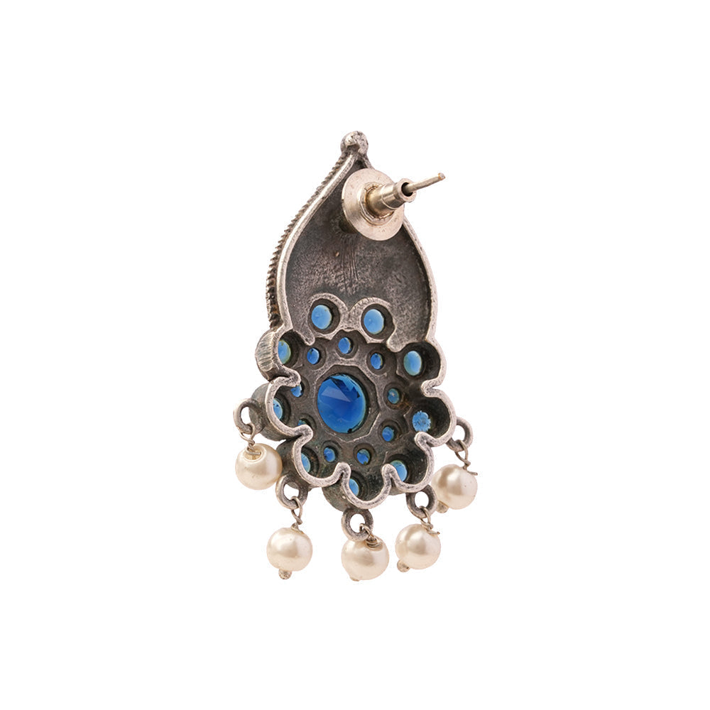 PatraPushp- Silver Brass Pearl Stud Earrings(Blue)