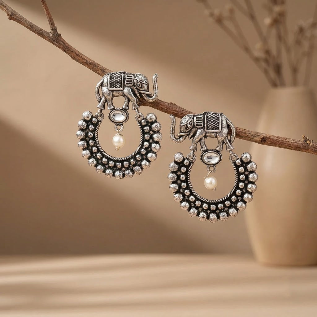 Oxidized Elephant Pearl Chandbali Earrings