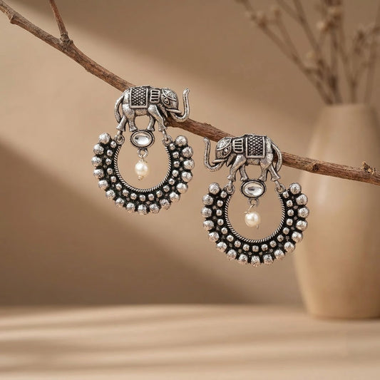 Oxidized Elephant Pearl Chandbali Earrings