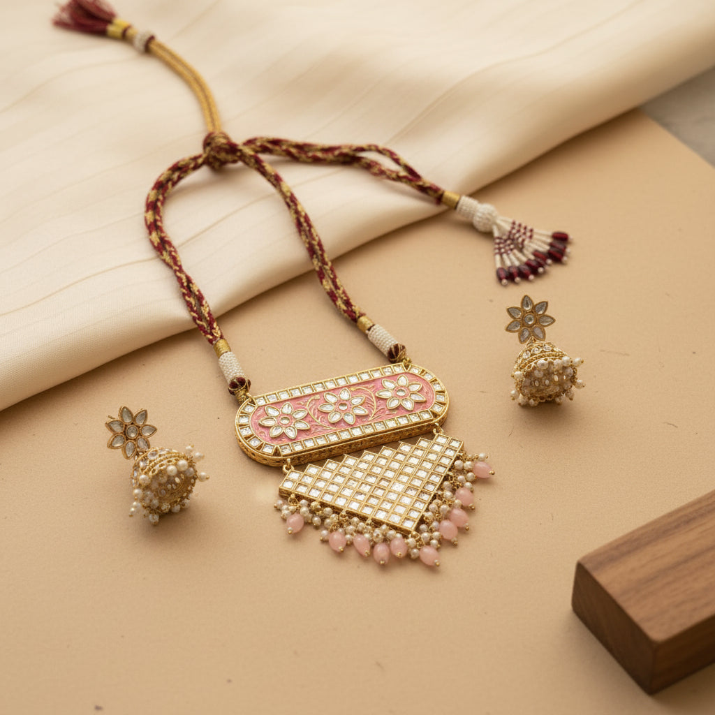 Mehera - Floral Pearl Neckpiece Set (Pink)