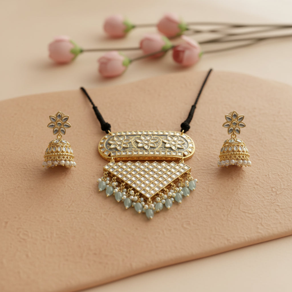 Mehera - Floral Pearl Neckpiece Set {grey}