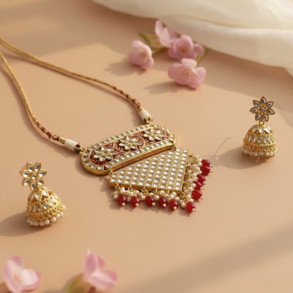 Mehera - Floral Pearl Neckpiece Set{Red}