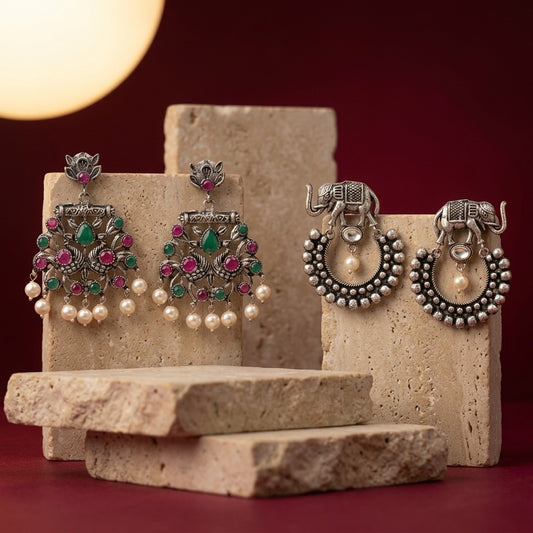 Traditional Oxidized Silver Earrings pack of 2 (Peacock Stone & Elephant Pearl)