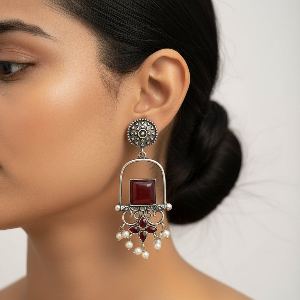 Meherab- Silver Brass Oxidised Stone-Studded Dngler Earrings (Red)