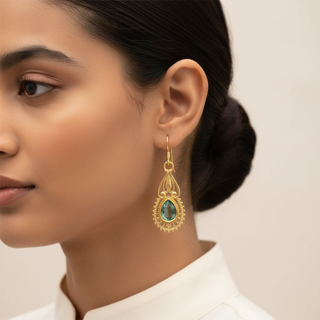 Ruhi- Stone Studded Dangler Earrings(Green)